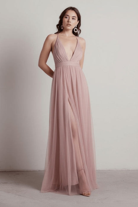 Burgundy Evening Dress A-Line V-Neck Pleated Chiffon Tulle Maxi Formal Dinner Dresses - Prom Dress