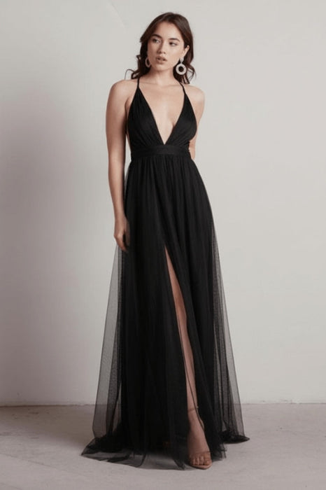 Burgundy Evening Dress A-Line V-Neck Pleated Chiffon Tulle Maxi Formal Dinner Dresses - Prom Dress