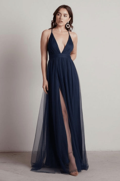 Burgundy Evening Dress A-Line V-Neck Pleated Chiffon Tulle Maxi Formal Dinner Dresses - Prom Dress