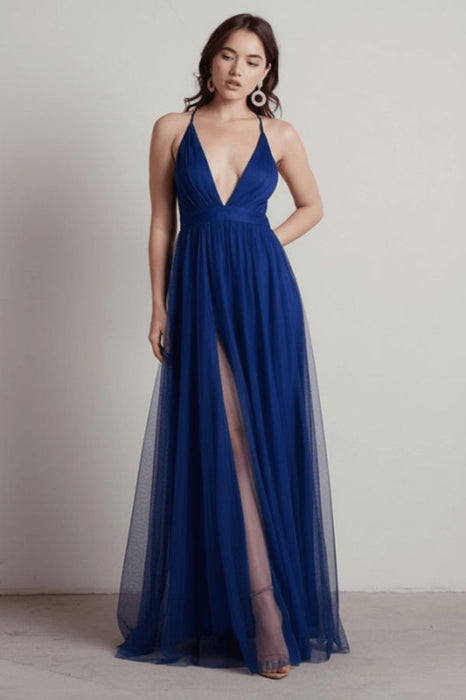 Burgundy Evening Dress A-Line V-Neck Pleated Chiffon Tulle Maxi Formal Dinner Dresses - Prom Dress