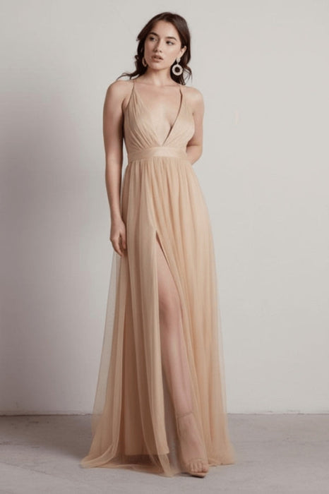 Burgundy Evening Dress A-Line V-Neck Pleated Chiffon Tulle Maxi Formal Dinner Dresses - Prom Dress