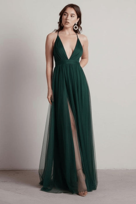 Burgundy Evening Dress A-Line V-Neck Pleated Chiffon Tulle Maxi Formal Dinner Dresses - Prom Dress