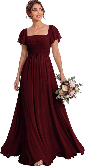 Bridelily Women's Flutter Sleeves Bridesmaid Dresses Square Neck Chiffon Maxi Dres - Burgundy