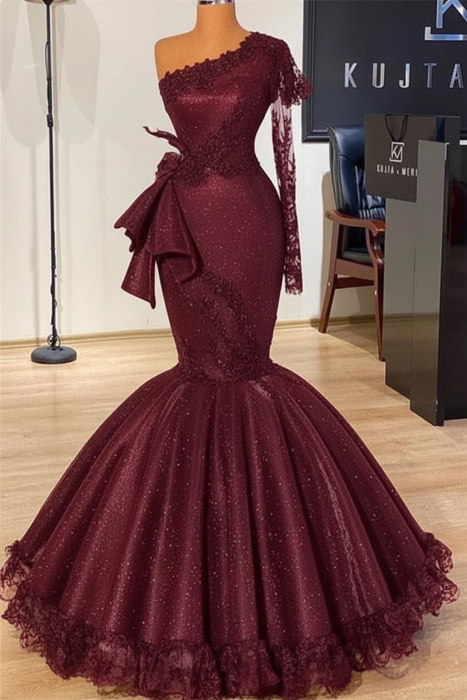 Burgundy Glitter Mermaid Prom Dress Long Sleeves Floral Lace Party Dress - Prom Dresses