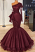 Burgundy Glitter Mermaid Prom Dress Long Sleeves Floral Lace Party Dress - Prom Dresses