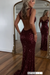 Burgundy Glitter Sequins Sleeveless V Neck Prom Dress Long with Split