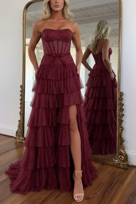 Burgundy Glitter Strapless Tiered Ruffle Corset Prom Dress Long with Slit