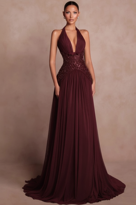 Burgundy Halter Aline Evening Dress Glitter Chiffon Prom Dress with Sequins