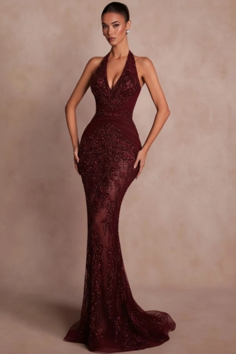 Halter Dark Green Mermaid Prom Dress Glitter Sequins Evening Gown