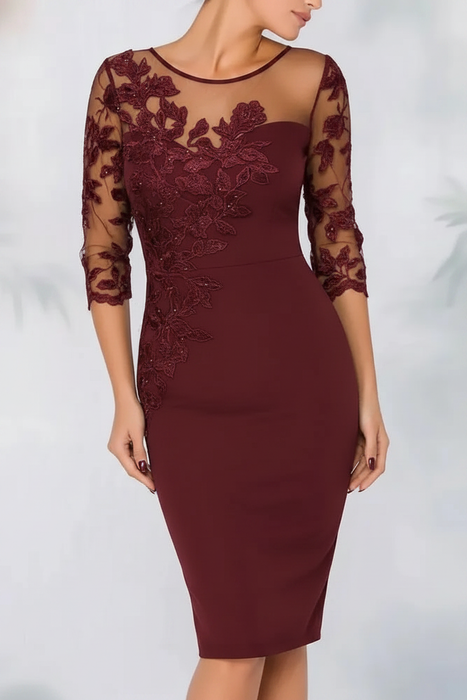 Burgundy Jewel Neck Column Floral Lace Mother of the bride Dresses Half Sleeves - Prom Dresses