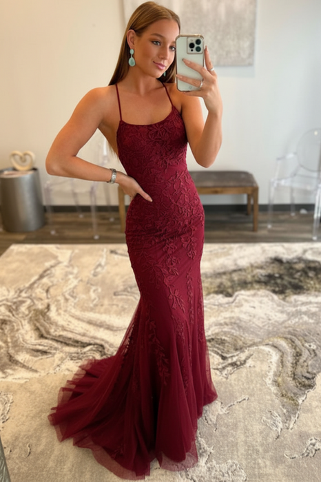 Burgundy Lace Mermaid Backless Long Prom Dresses