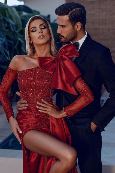 Burgundy Long Sleeves Bowknot Sequins Mermaid Prom Dress With Split