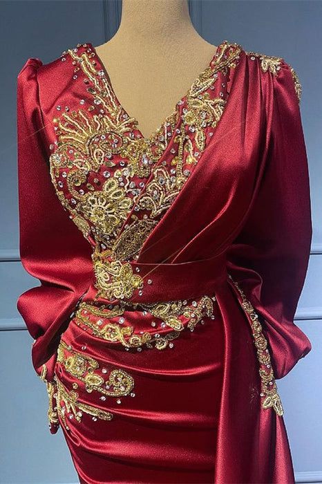 Burgundy Long Sleeves Mermaid Evening Dress with Beads, Ruffles, and Appliques