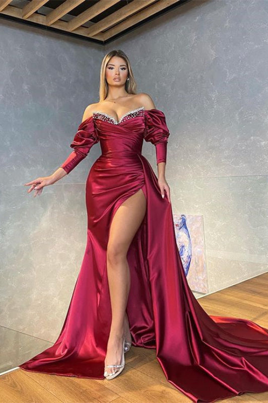 Burgundy Long Sleeves Mermaid Prom Dress with Slit