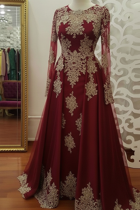 Burgundy A-Line/Princess Long Sleeves Scoop Floor-Length Applique Tulle Muslim Dresses - Prom Dresses