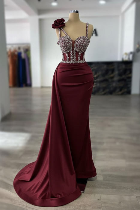 Burgundy Luxury Glitter Rinstones Mermaid Prom Dresses Sleeveless with Sweep Train - Prom Dresses