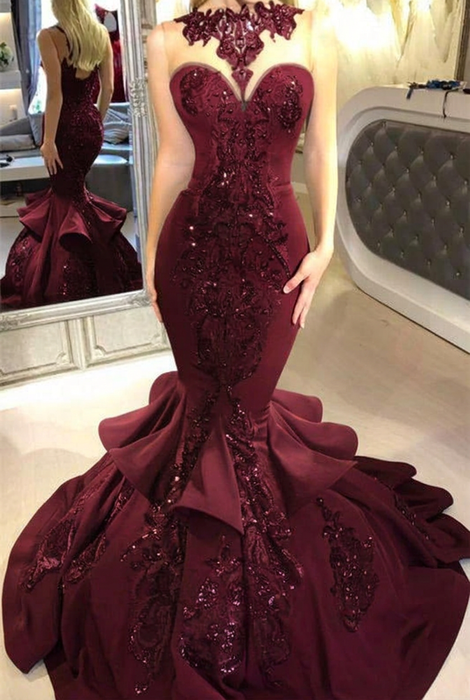 Burgundy Mermaid Beads Prom Dresses Appliques Evening Dresses