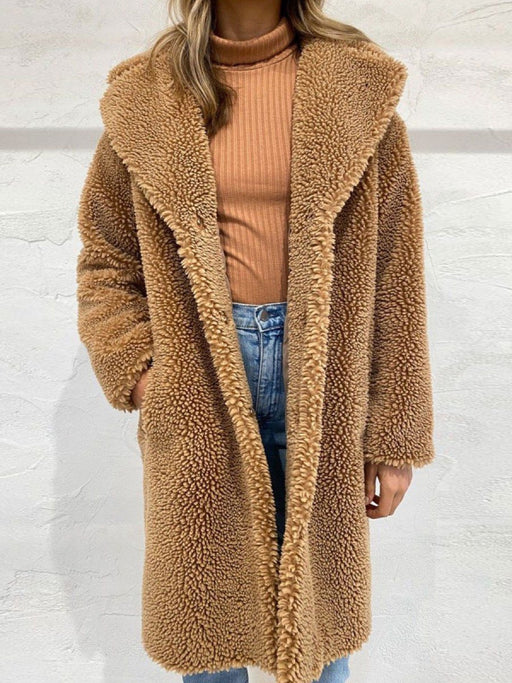 Faux Fur Coats Coffee Brown Long Sleeves Oversized Zipper Women Wrap Coat