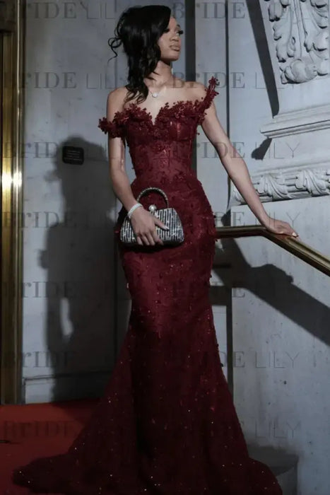 Strapless Beadings Mermaid Prom Dress Burgundy with Tassels