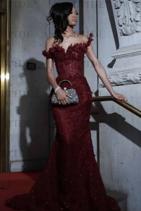 Strapless Beadings Mermaid Prom Dress Burgundy with Tassels