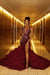 Luxury Burgundy Mermaid Prom Dress Beadings V-neck Sleeveless Evening Dress with Slit