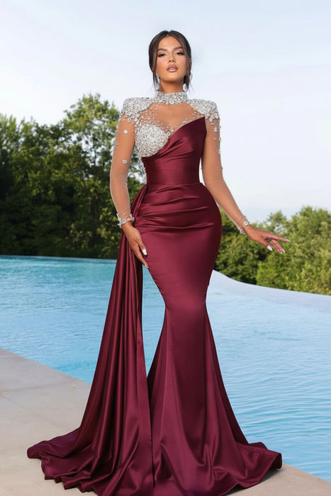 Burgundy Long Mermaid Prom Dress with Trail Beadings and Long Sleeves
