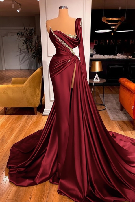 Burgundy One Shoulder Mermaid Prom Dress Beaded with Split