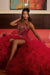 Luxury Red Mermaid Prom Dress Beadings V-neck Sleeveless Evening Dress with Slit