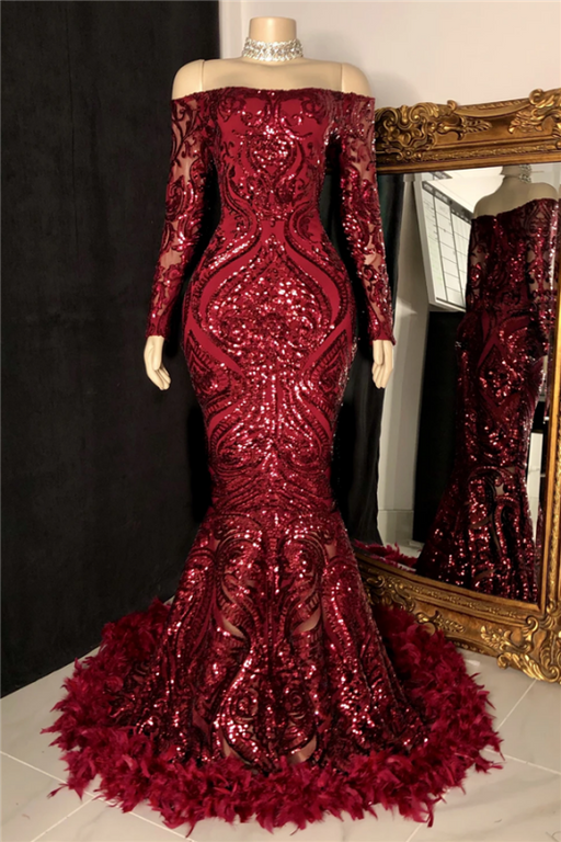 Burgundy Mermaid Prom Dress with Long Sleeves, Sequins, and Feather