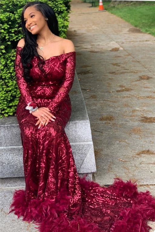 Burgundy Mermaid Prom Dress with Long Sleeves, Sequins, and Feather