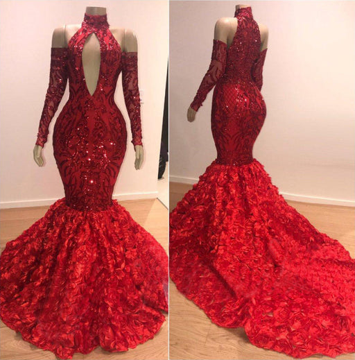 Burgundy Mermaid Sequin Prom Gown with Elegant High Neck and Long Sleeves