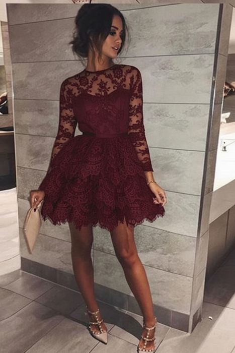 Burgundy Mini Long Sleeve Jewel Homecoming Cute Sweet 16 A-line Lace Cocktail Dress - Prom Dresses