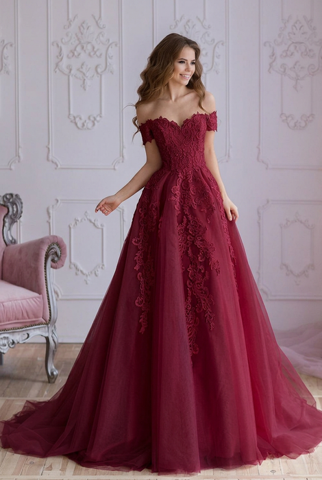 Off Shoulder Lace Prom Dress - Burgundy