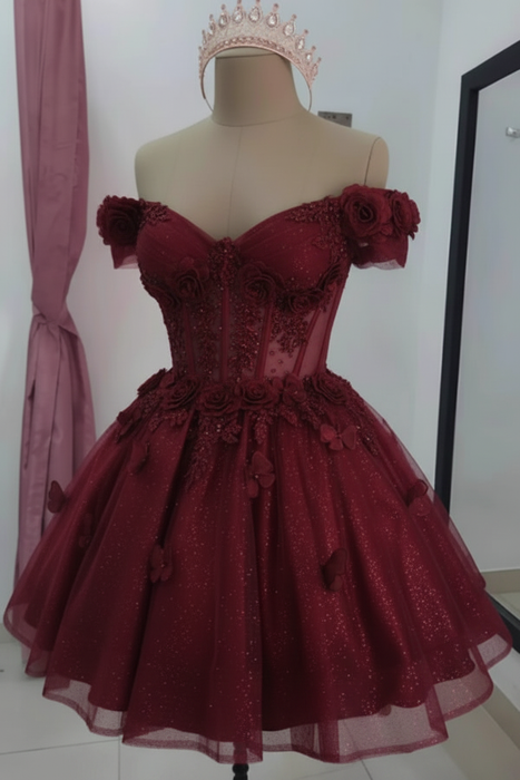 Burgundy Sparkly Off Shoulder Tulle Homecoming Dresses Short 