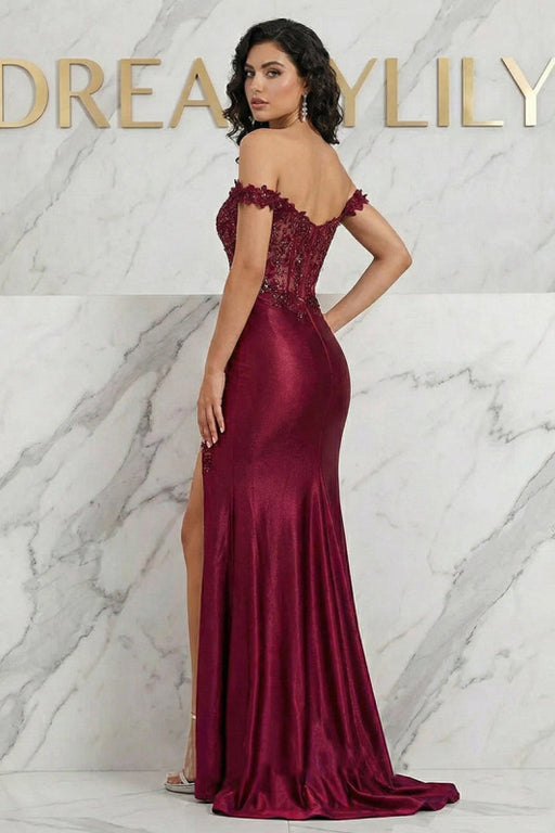 Burgundy Off-the-Shoulder Lace Mermaid Prom Dress with Slit