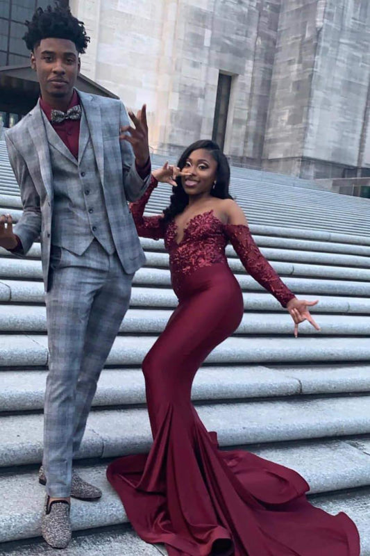 Burgundy Off The Purple Long Sleeve Prom Dresses 2021