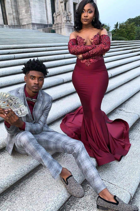 Burgundy Off The Purple Long Sleeve Prom Dresses 2021 Bridelily