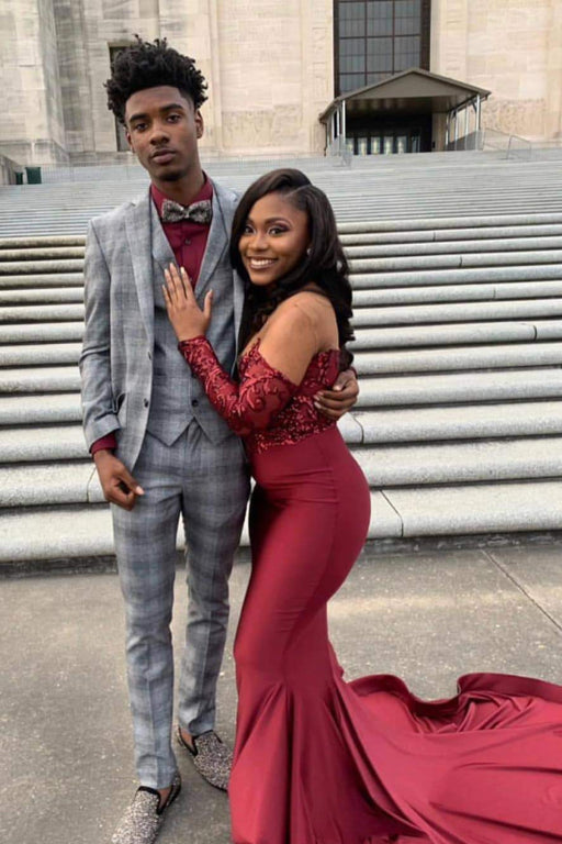 Burgundy Off The Shoulder Long Sleeves Mermaid Plus Size Prom Dress - Prom Dresses