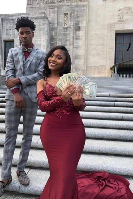 Burgundy Off The Purple Long Sleeve Prom Dresses 2021 - Bridelily Burgundy Off The Purple Long Sleeve Prom Dresses 2021 - Bridelily