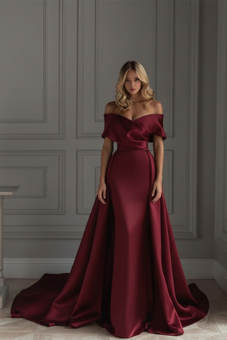 Burgundy Off-The-Shoulder Mermaid Prom Dress with Ruffles