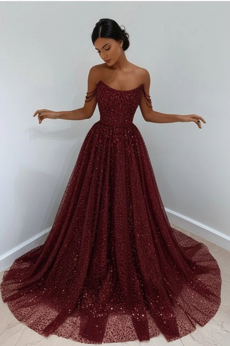 Burgundy Off-the-Shoulder Prom Dress Long with Sequins - Prom Dresses