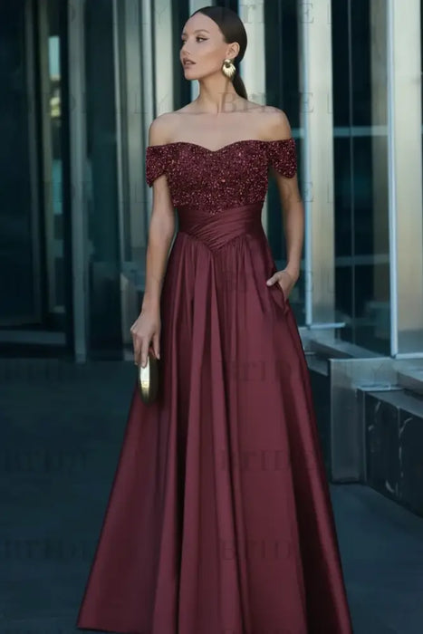 Burgundy Off-the-Shoulder Satin Aline Formal Dress with Beadings