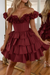 Burgundy Off-the-Shoulder Satin Corset Graduation Dress Short Cocktail Dress