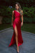 Burgundy One Shoulder Mermaid Prom Dress with Stylish Split