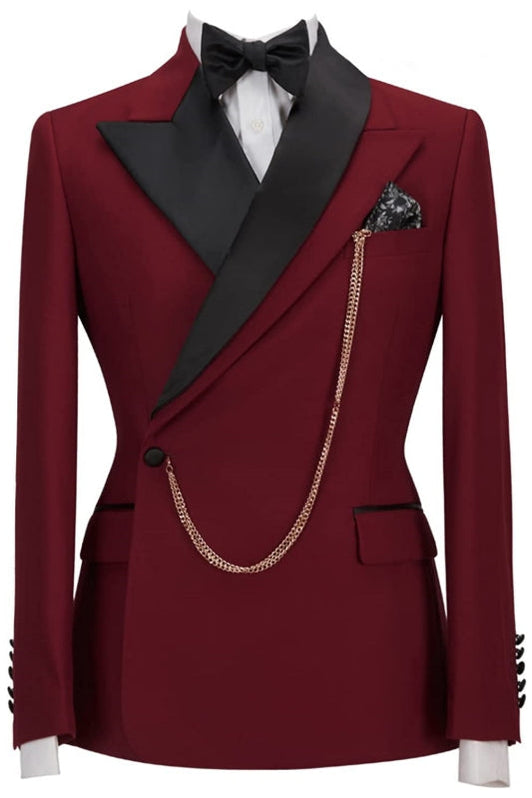 Stylish 3 Piece Prom Suits with Burgundy Peaked Lapels main image 0
