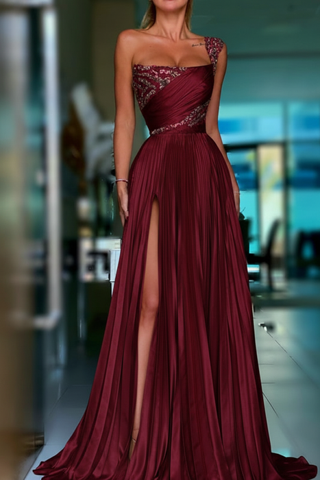 Burgundy Pleated A-Line One Shoulder Prom Dress Gown with Front Split - Prom Dresses