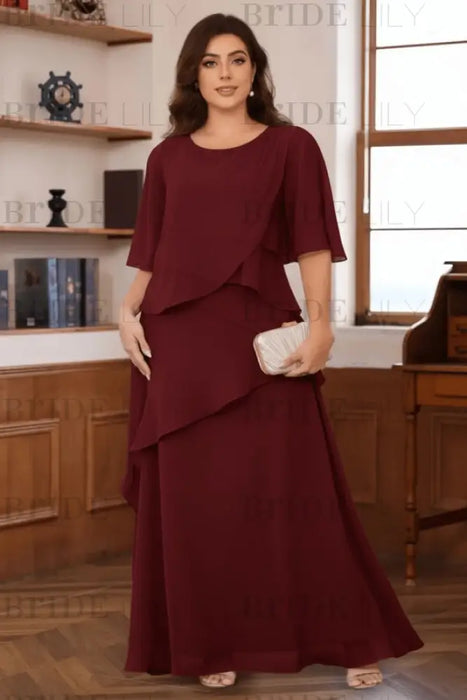 Burgundy Plus Size Ruffles Chiffon Mother of the Bride Dress Scoop Neck with Half Sleeves