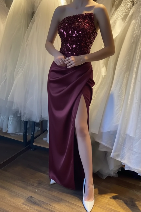 Burgundy Sleeveless Prom Dress with Sequins and High Slit