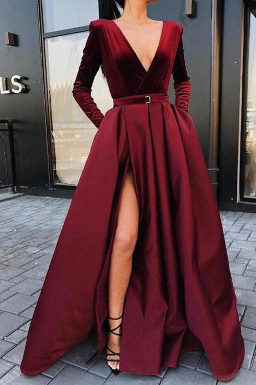 Burgundy Prom Dress With Split Long Sleeves
