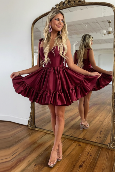 Burgundy Satin Graduation Dress Aline Short Cocktail Dress with Straps